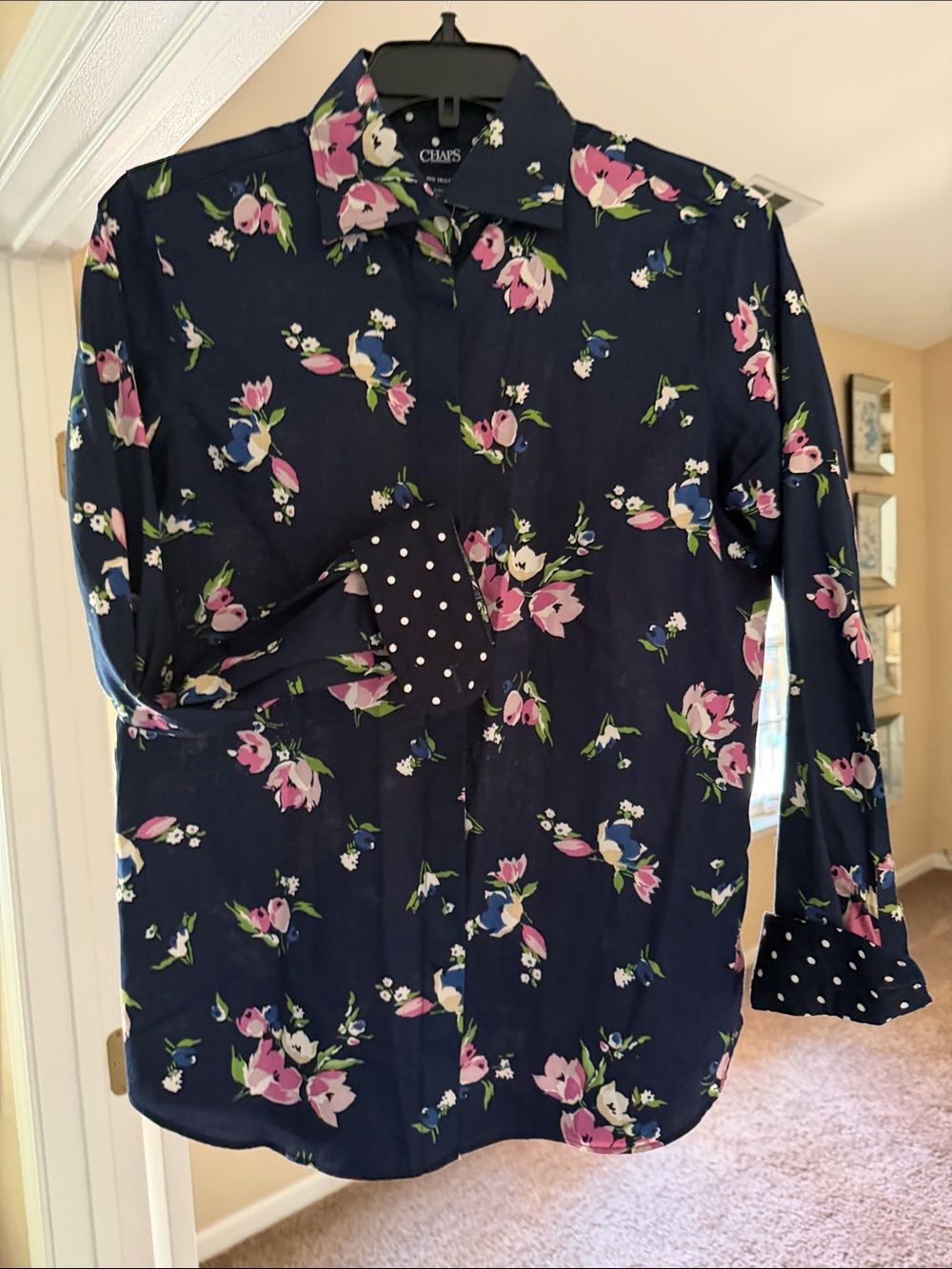 Chaps Navy Floral Button-Down Shirt with Pink & Blue Blooms